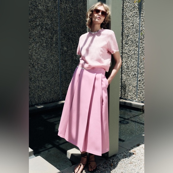 ZARA Rare Pink Wide Pleat Cape Midi Skirt w/ Zipper Closure Size Small Pink NEW